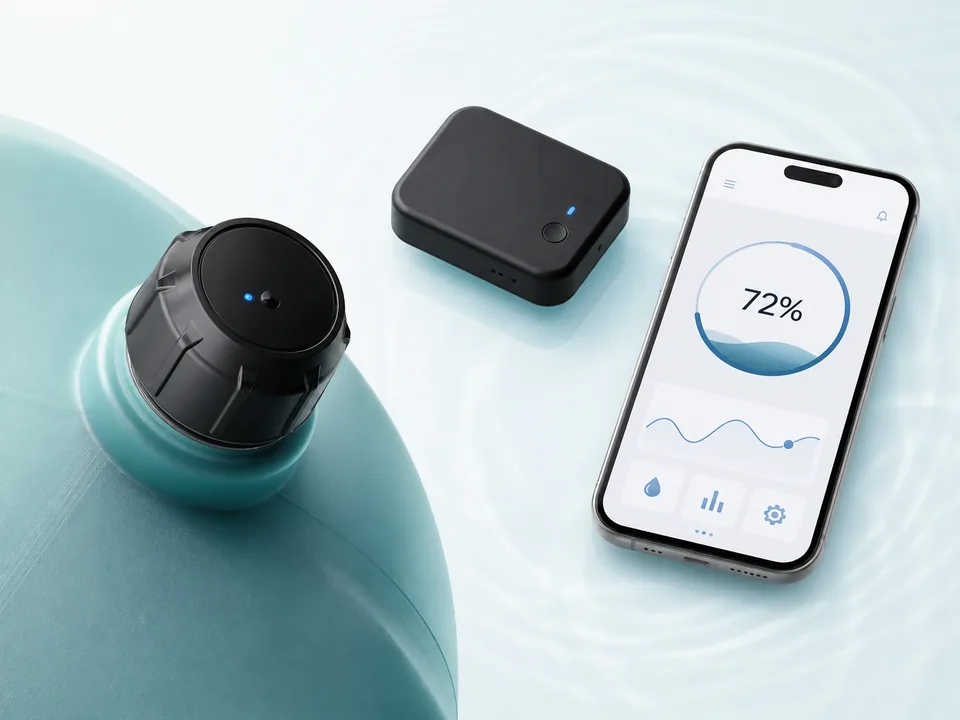Sensor WiFi EPTTECH sobre la boca del depósito con app de nivel al 72 % en el móvil